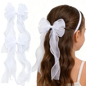 2Pcs White Ribbon Bow Hair Clips Flower Girl Long Layer Bow Barrette Alligator Clip Bridal Birthday First Communion Headwear Accessories for Baby Girls in Saudi Arabia