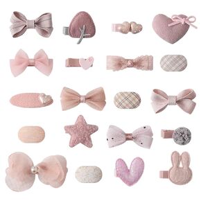 20-piece soft pink baby hair accessory set, featuring bowknots, heart shapes, and star patterns, fully lined anti-slip hair clips, suitable for fine hair, and snap-on hair clips for newborns in Kuwait