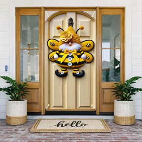 Spring Summer Door Cover 71x35 Inch Bee Gnome Door Decoration with Yellow Striped Wings Floral Hat and Bow Front Door Decor for Porch Entryway Indoor Outdoor Seasonal Wall Hanging in Kuwait