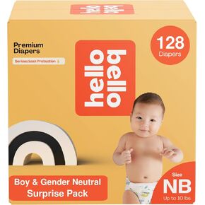 Hello Bello Newborn Premium Diapers, (Size NB - Up to 10 lbs) Surprise Pack for Boys - 128 Count, Hypoallergenic with Soft, Cloth-Like Feel - Assorted Boy & Gender Neutral Patterns in Kuwait