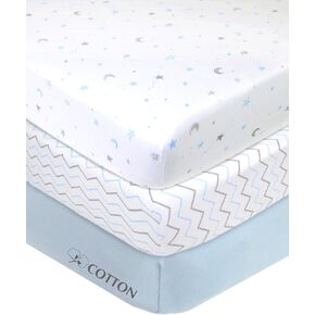 American Baby Company 3 Pack Fitted Mini Crib Sheet 38x24",Blue/Star/Zigzag | 100% Natural Cotton Small Nesting Portable Crib Sheet, Fits Pack N Play Mattress - Soft & Breathable, Neutral for Boy & Girl in Kuwait