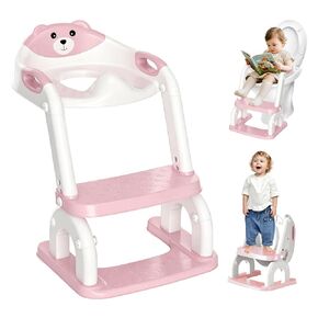 Potty Training Seat, Toddler Toilet Seat for Kids Boys Girls with Ladder, 2-in-1 Adjustable and Foldable, Padded Cushion, Stable Triangular Anti-Slip Design, Adaptable to V/U/O Toilets (Rose) in Kuwait