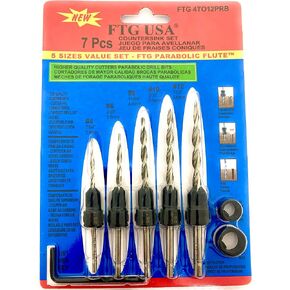 FTG USA 6Pc #6 (9/64") Parabolic Hex Shank Wood Countersink Drill Bit Set | All-same-size: 6 of #6(9/64"). Parabolic flute hex shank counter sink drill bit for wood, 3/8" depth stop, 1 hex key in Kuwait