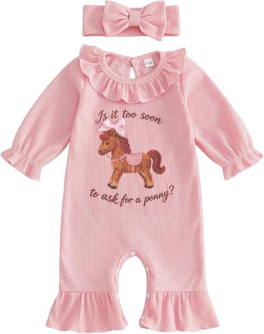 Newborn Baby Girl Western Clothes Cowgirl Outfit New to the Herd Highland Cow/Pony Romper Long Sleeve Waffle Jumpsuit in Kuwait