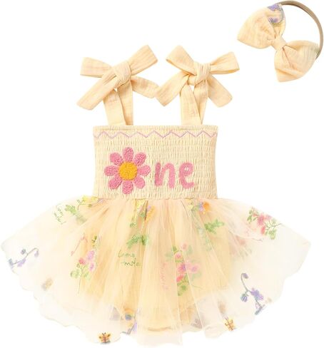 Happy Town Baby Girl 1st Birthday Outfit Sleeveless One Year Old Romper Dress with Headband Cute Toddler Photo Clothes in Kuwait