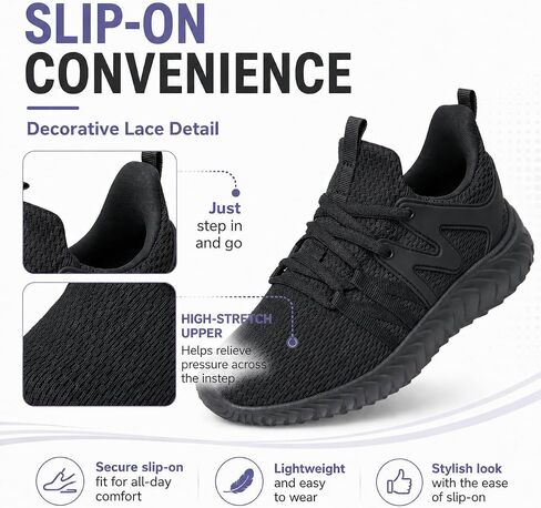Women's Slip On Walking Shoes Lightweight Breathable Tennis Shoes, Comfortable Athletic Sneakers for Gym Travel Workout All Black in Kuwait