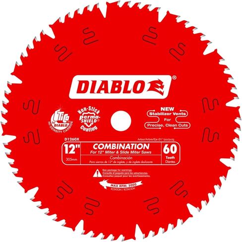 Diablo Combination Saw Blade for Wood - 12" Diameter, 60 Comb Teeth, 1" Arbor, .118" Kerf, 15° Hook Angle, .071" Plate, 6,000 Max RPM - D1260X in Kuwait