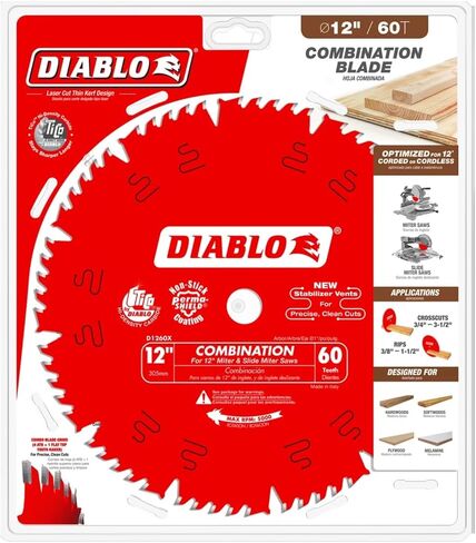 Diablo Combination Saw Blade for Wood - 12" Diameter, 60 Comb Teeth, 1" Arbor, .118" Kerf, 15° Hook Angle, .071" Plate, 6,000 Max RPM - D1260X in Kuwait