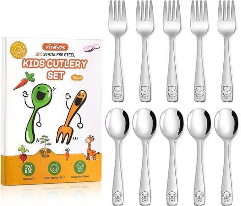 VITEVER 10-Piece Toddler Utensils, Kids Stainless Steel Silverware Set, Children Safe Forks and Spoons - Mirror Polished, Dishwasher Safe in Kuwait