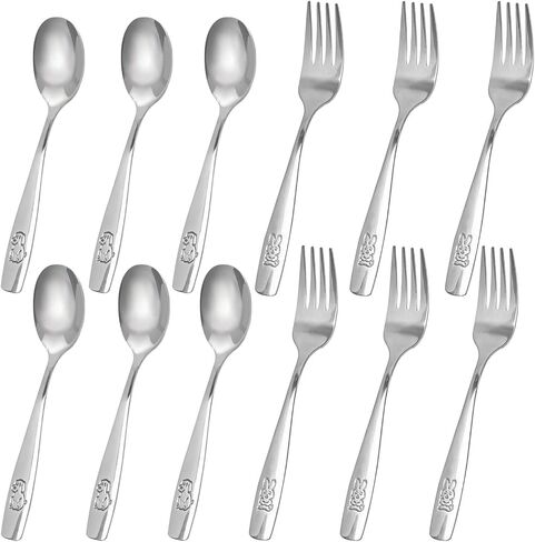 HANSGO 12PCS Toddler Utensils, Stainless Steel Kids Silverware, Safe Toddler Forks and Spoons, Mirror Polished, Dishwasher Safe, with Bunny & Puppy Motifs, Fun Stocking Stuffers for Kids in Kuwait