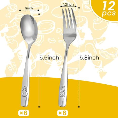 HANSGO 12PCS Toddler Utensils, Stainless Steel Kids Silverware, Safe Toddler Forks and Spoons, Mirror Polished, Dishwasher Safe, with Bunny & Puppy Motifs, Fun Stocking Stuffers for Kids in Kuwait