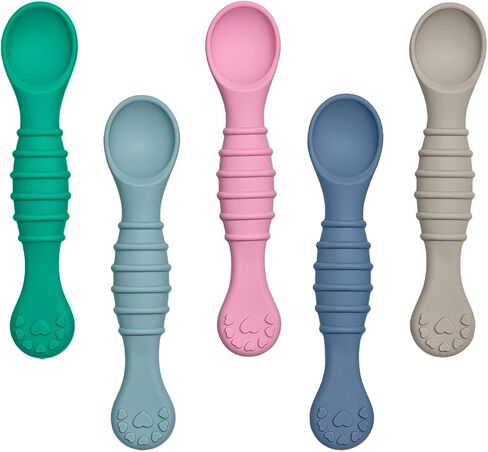 5 Pack Baby Spoons First Stage Feeding - Soft Silicone Self Feeding Training Utensils for Infant & Toddler - BPA Free BLW Weaning Supplies with Choke Guard - Dishwasher Safe Gentle on Gums in Kuwait