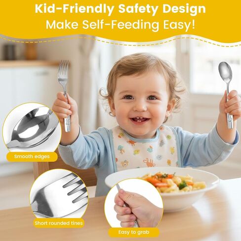 HANSGO 12PCS Toddler Utensils, Stainless Steel Kids Silverware, Safe Toddler Forks and Spoons, Mirror Polished, Dishwasher Safe, with Bunny & Puppy Motifs, Fun Stocking Stuffers for Kids in Kuwait