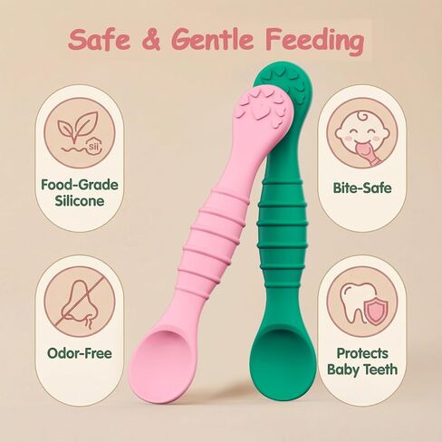 5 Pack Baby Spoons First Stage Feeding - Soft Silicone Self Feeding Training Utensils for Infant & Toddler - BPA Free BLW Weaning Supplies with Choke Guard - Dishwasher Safe Gentle on Gums in Kuwait