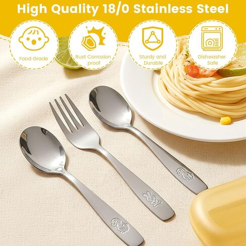 HANSGO 12PCS Toddler Utensils, Stainless Steel Kids Silverware, Safe Toddler Forks and Spoons, Mirror Polished, Dishwasher Safe, with Bunny & Puppy Motifs, Fun Stocking Stuffers for Kids in Kuwait