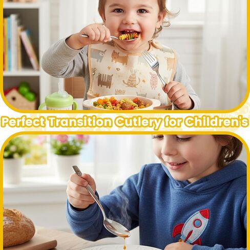 HANSGO 12PCS Toddler Utensils, Stainless Steel Kids Silverware, Safe Toddler Forks and Spoons, Mirror Polished, Dishwasher Safe, with Bunny & Puppy Motifs, Fun Stocking Stuffers for Kids in Kuwait