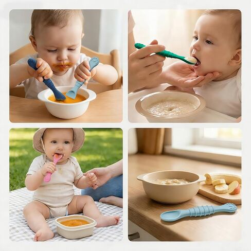 5 Pack Baby Spoons First Stage Feeding - Soft Silicone Self Feeding Training Utensils for Infant & Toddler - BPA Free BLW Weaning Supplies with Choke Guard - Dishwasher Safe Gentle on Gums in Kuwait