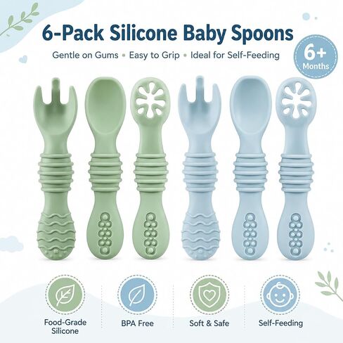 PandaEar 6 Pack Baby Silicone Spoons, Baby Led Weaning Utensils 6-12 Months | 6-Pack Silicone Baby Spoons for Self-Feeding, Gentle on Gums, Ideal for Baby-Led Weaning 6-12 Months. in Kuwait
