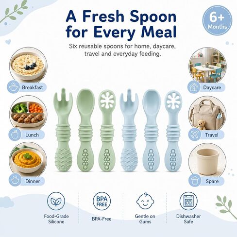 PandaEar 6 Pack Baby Silicone Spoons, Baby Led Weaning Utensils 6-12 Months | 6-Pack Silicone Baby Spoons for Self-Feeding, Gentle on Gums, Ideal for Baby-Led Weaning 6-12 Months. in Kuwait