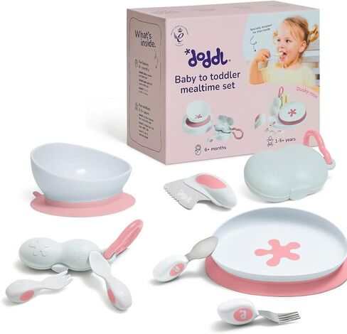 doddl Baby Led Weaning Set | 9-Piece Development Kit | Baby to Toddler Mealtime Set | 2-in-1 Suction Bowl & Plate, Award-Winning Cutlery, Travel Cases | Self-Feeding from 6 Months to 5+ (Dusky Rose) in Kuwait