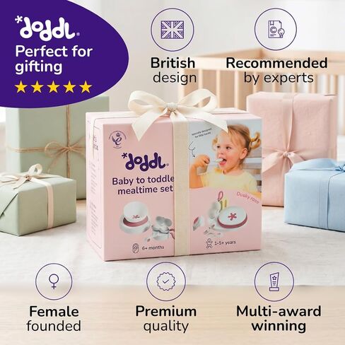 doddl Baby Led Weaning Set | 9-Piece Development Kit | Baby to Toddler Mealtime Set | 2-in-1 Suction Bowl & Plate, Award-Winning Cutlery, Travel Cases | Self-Feeding from 6 Months to 5+ (Dusky Rose) in Kuwait
