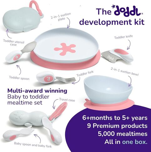 doddl Baby Led Weaning Set | 9-Piece Development Kit | Baby to Toddler Mealtime Set | 2-in-1 Suction Bowl & Plate, Award-Winning Cutlery, Travel Cases | Self-Feeding from 6 Months to 5+ (Dusky Rose) in Kuwait