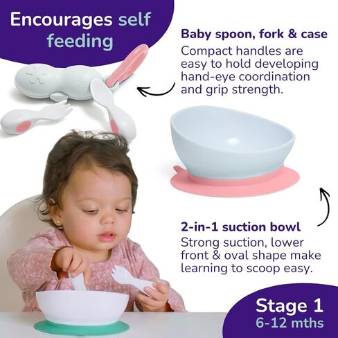 doddl Baby Led Weaning Set | 9-Piece Development Kit | Baby to Toddler Mealtime Set | 2-in-1 Suction Bowl & Plate, Award-Winning Cutlery, Travel Cases | Self-Feeding from 6 Months to 5+ (Dusky Rose) in Kuwait