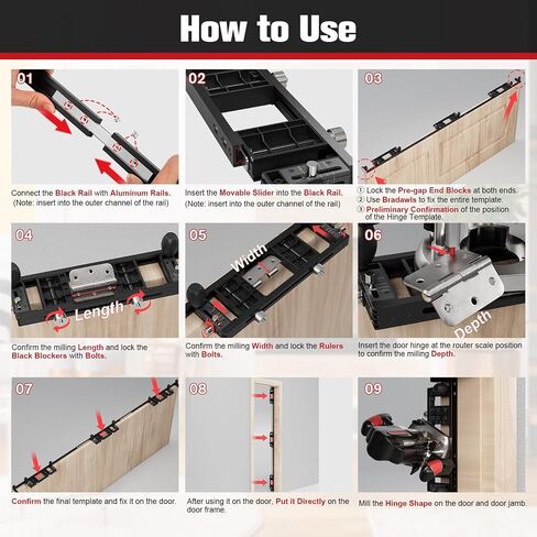 Door Hinge Template Kit, Portable Single Jig Provided, Quickly and Precisely Recess Square & Radius Hinges in Door and Frame, Full Flexibility for Hinge Size, Shape and Positioning (Black) in Kuwait