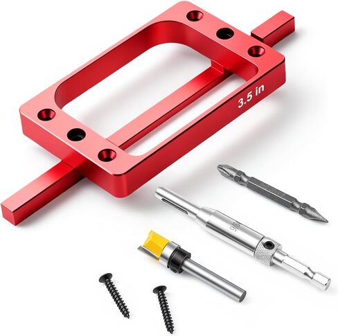 Door Hinge Jig Kit for Router, 3-1/2 Inch Aluminum Alloy Door Hinge Template with Router Bit, Self Centering Drill Bit and Screwdriver, Mortise Jig for 3.5" Hinges, Red in Kuwait