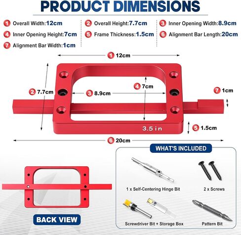Door Hinge Jig Kit for Router, 3-1/2 Inch Aluminum Alloy Door Hinge Template with Router Bit, Self Centering Drill Bit and Screwdriver, Mortise Jig for 3.5" Hinges, Red in Kuwait