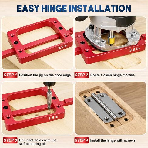 Door Hinge Jig Kit for Router, 3-1/2 Inch Aluminum Alloy Door Hinge Template with Router Bit, Self Centering Drill Bit and Screwdriver, Mortise Jig for 3.5" Hinges, Red in Kuwait