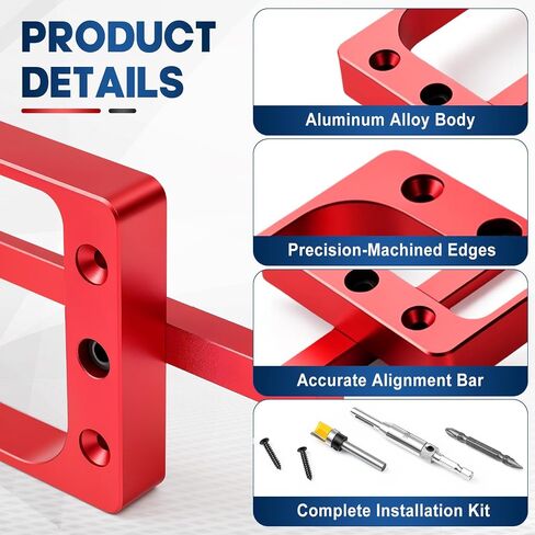 Door Hinge Jig Kit for Router, 3-1/2 Inch Aluminum Alloy Door Hinge Template with Router Bit, Self Centering Drill Bit and Screwdriver, Mortise Jig for 3.5" Hinges, Red in Kuwait
