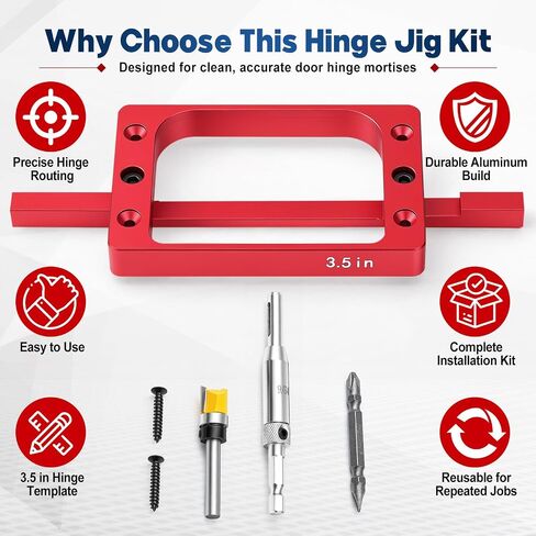 Door Hinge Jig Kit for Router, 3-1/2 Inch Aluminum Alloy Door Hinge Template with Router Bit, Self Centering Drill Bit and Screwdriver, Mortise Jig for 3.5" Hinges, Red in Kuwait