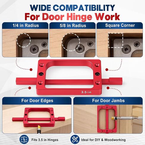 Door Hinge Jig Kit for Router, 3-1/2 Inch Aluminum Alloy Door Hinge Template with Router Bit, Self Centering Drill Bit and Screwdriver, Mortise Jig for 3.5" Hinges, Red in Kuwait