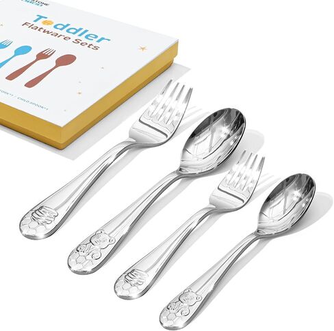 KINGSTONE 6 Pcs Small Toddler Utensils, 18/10 Stainless Steel, Cat & Dog | Food Grade Toddler Fork & Spoon, Ergonomic Self-Feeding Children’s Flatware for Home, Travel & Preschool, Dishwasher Safe in Kuwait