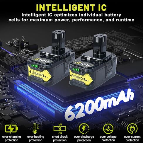 2 Packs High Capacity Replacement for Ryobi 18v Battery | P108 P104 P105 P102 P103 P122 P109 Li-Ion Compatible with Ryobi 18V ONE+ System Cordless Power Tools and Charger in Kuwait
