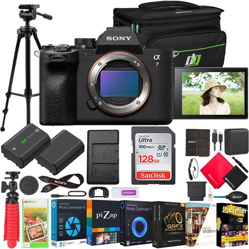 Sony a7 IV Full Frame Mirrorless 33MP Alpha Interchangeable Lens Camera|Official Sony USA Partner Model| Body ILCE-7M4/B Bundle with Case + 128GB Card + Tripod + Extra Battery, Dual Charger, Software in Kuwait
