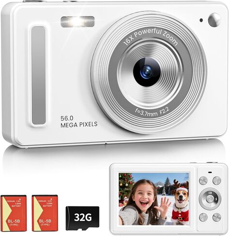 Digital Camera, FHD 1080P Point and Shoot Camera, 32GB SD Card, 2 Batteries | 16X Zoom, Anti Shake, Compact Small Design for Kids Teens Students Girls Boys, Birthday, Gift, White in Kuwait