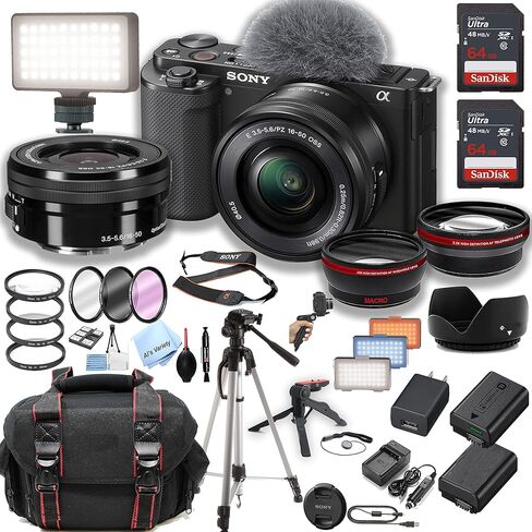 Sony ZV-E10 Mirrorless Camera with 16-50mm Lens + 64GB Extreme Memory, Wireless Microphones, Shooting Grip w/Remote Shutter, Selfie Stick, Case, Grip, Software, More (Pro Video Creator) (Renewed) in Kuwait