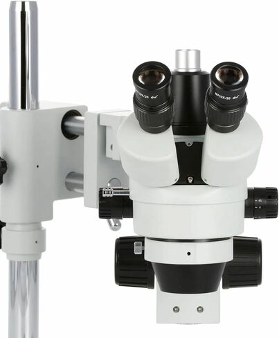AmScope SM-4TX-144A Trinocular Stereo Microscope, WF10x Eyepieces, 3.5X-45X Magnification, 0.7X-4.5X Objective Power, 0.5X Barlow Lens, 144-Bulb Ring-Style LED Light Source, Double-Arm Boom Stand, 110-240V , White in Kuwait