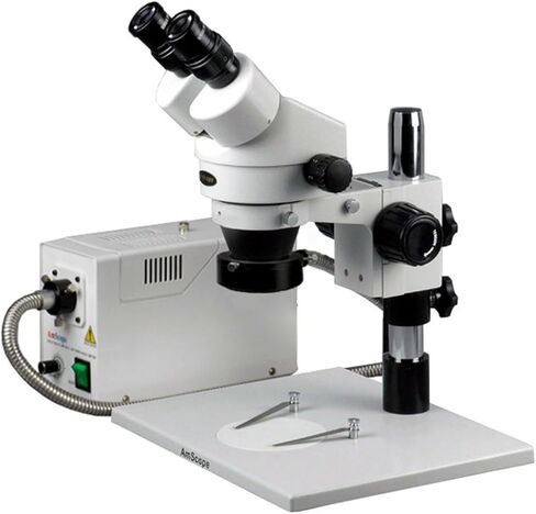 AmScope SM-1B-PL Professional Binocular Stereo Zoom Microscope, WH10x Eyepieces, 7X-45X Magnification, 0.7X-4.5X Zoom Objective, Upper and Lower LED Light, Pillar Stand, 110V-120V in Kuwait