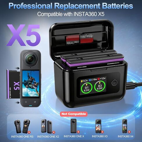 360 X5 Battery 2-Pack with LCD Charger, 2850mAh X5 Batteries and Intelligent Two Way Charger Hub for Insta360 X5 in Kuwait