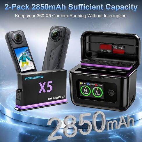 360 X5 Battery 2-Pack with LCD Charger, 2850mAh X5 Batteries and Intelligent Two Way Charger Hub for Insta360 X5 in Kuwait
