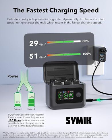 SYMIK Battery Charger for DJI Osmo 360 / Action 6 / Action 5 Pro/ 4/3 | 27W Triple Slots PD Fast Charging Case, Intelligent 5-in-1 LCD Two Way Charger Hub for DJI Osmo Battery & Xtra 360/ Edge/Pro in Kuwait