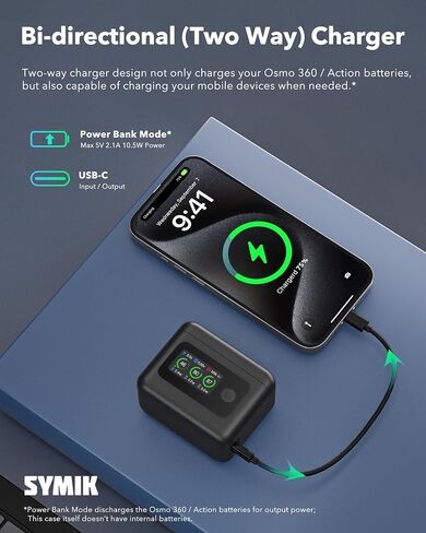 SYMIK Battery Charger for DJI Osmo 360 / Action 6 / Action 5 Pro/ 4/3 | 27W Triple Slots PD Fast Charging Case, Intelligent 5-in-1 LCD Two Way Charger Hub for DJI Osmo Battery & Xtra 360/ Edge/Pro in Kuwait