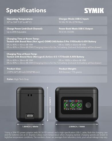 SYMIK Battery Charger for DJI Osmo 360 / Action 6 / Action 5 Pro/ 4/3 | 27W Triple Slots PD Fast Charging Case, Intelligent 5-in-1 LCD Two Way Charger Hub for DJI Osmo Battery & Xtra 360/ Edge/Pro in Kuwait