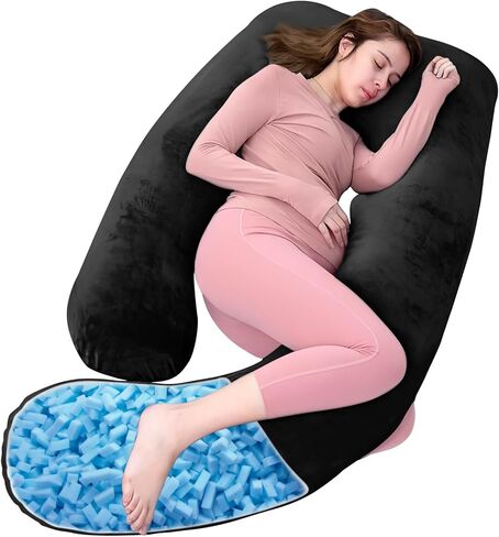 Shredded Memory Foam U Shaped Pregnancy Pillow with Cover | Shredded foam adapts to body curves, relieves back & hip pain, velvet cover soft & breathable - Velvet Gray, 60 inch in Kuwait