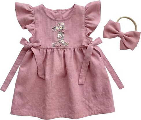 First Birthday Outfit Baby Girl, Embroidery Baby 1st Birthday Dress, Linen Cotton Dress, One Year Old Girl Gift in Kuwait