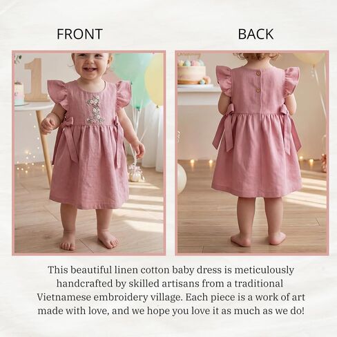 First Birthday Outfit Baby Girl, Embroidery Baby 1st Birthday Dress, Linen Cotton Dress, One Year Old Girl Gift in Kuwait