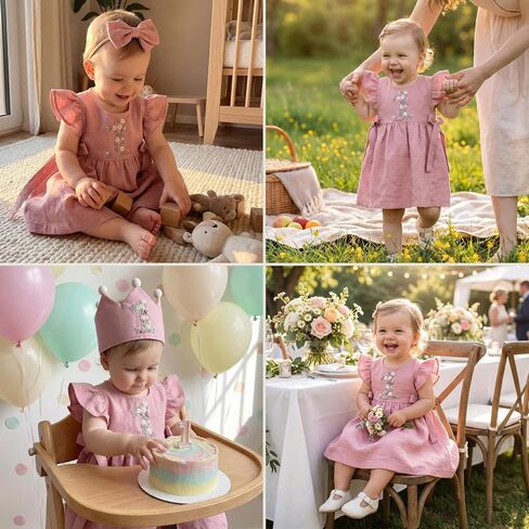 First Birthday Outfit Baby Girl, Embroidery Baby 1st Birthday Dress, Linen Cotton Dress, One Year Old Girl Gift in Kuwait